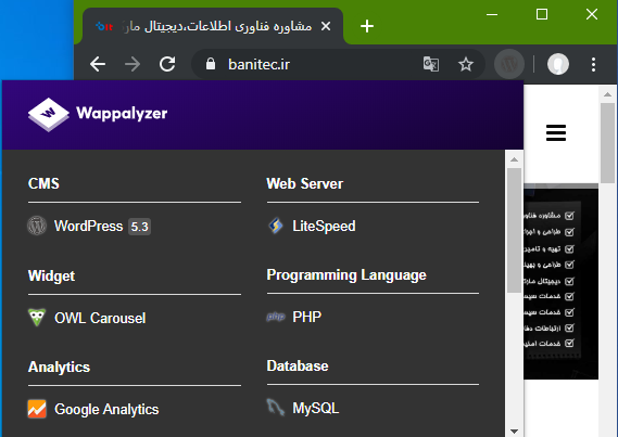 ابزار wappalyzer در سایت بانیتک